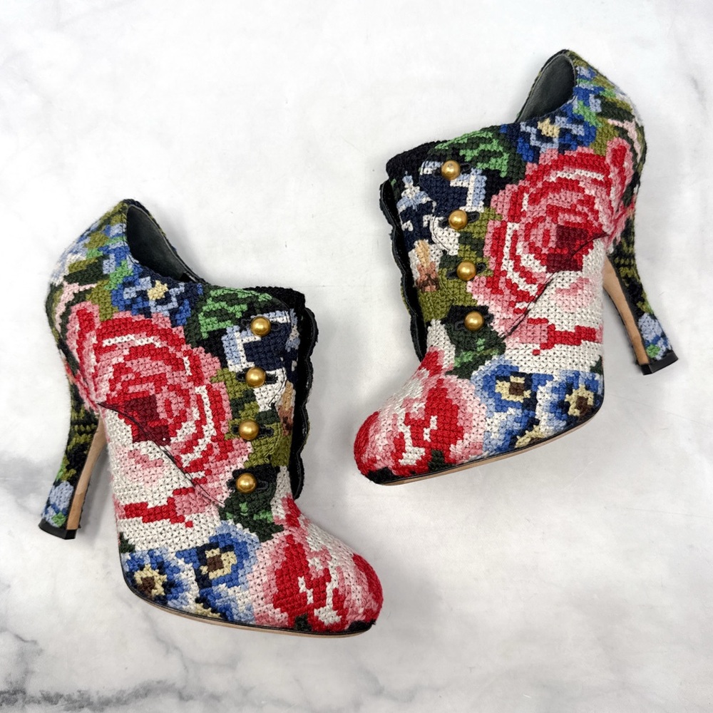 Dolce & Gabbana Vintage Y2K Floral Tapestry Crochet Ankle Bootie Boots Retro 39